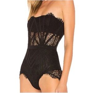 NBD Black Lace Strapless Corset Bodysuit Bustier M Coquette Girl Elegant Sheer